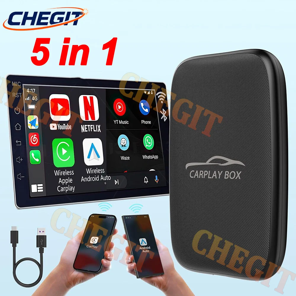 5 en 1 Smart Ai Box TV Box inalámbrico Android Auto Carplay adaptador 2G + 16G sistema Android Plug & Play navegación para Netflix YouTube