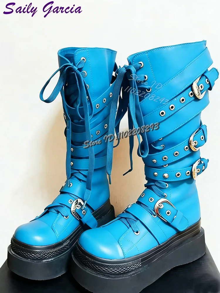 Silver Belt Buckle Straps Boots Round Toe Platform Lace-up Knee-high Boots Thick Soled Modern Cyberpunk Shoes 2026 Women New