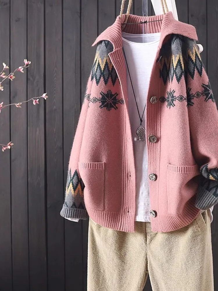 

Winter Floral Embroidery Long Sve ort Loose Knitwear Jaet with kets Button down Sle Casual Commute Faion Women