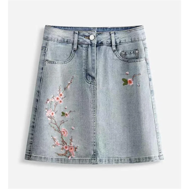 National style Embroidered Denim Short Skirts, For Women Clothing, 2024 Spring Summer New High Waist Jeans Skirt