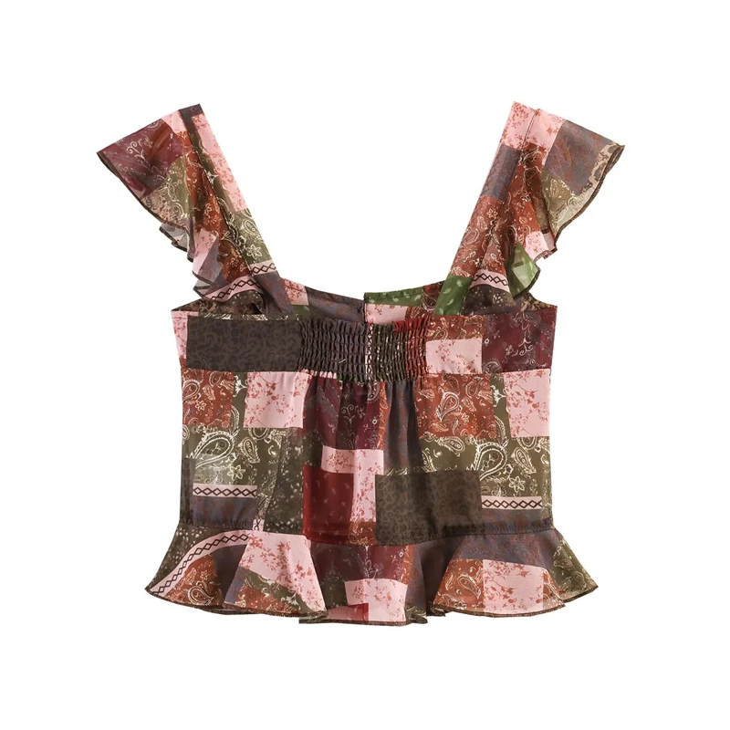 KEYANKETIAN 2026 Boho Patchwork Ruffled Camisole Top Slim Fit Square Neck, Front Button Placket Peplum Hem Sleeveless Vest