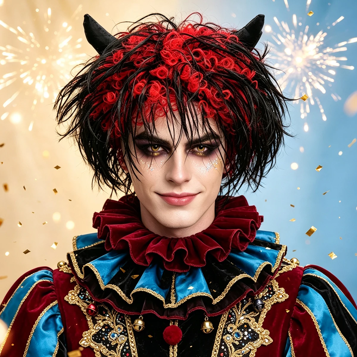 Devil Horn Short Messy Wig Black Red Mixed Synthetic Spiky Curly Wig Halloween Cosplay Carnival Costume Party Headwear ForUnisex