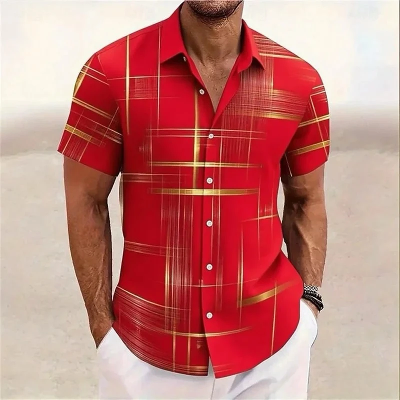 

Geometric Striped Shirt, Men's Button-up Shirt, Hawaiian Short-sleeve Casual Outdoor Vacation, Street Fashion Collared Shirt
