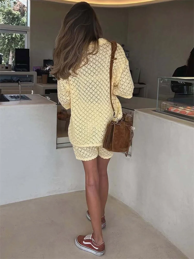 Tossy Knit Printed 2 Piece-Set Shorts Women's Cover up Beach Holiday Loose See-Through Clothes Summer Knitwear Female Outfits