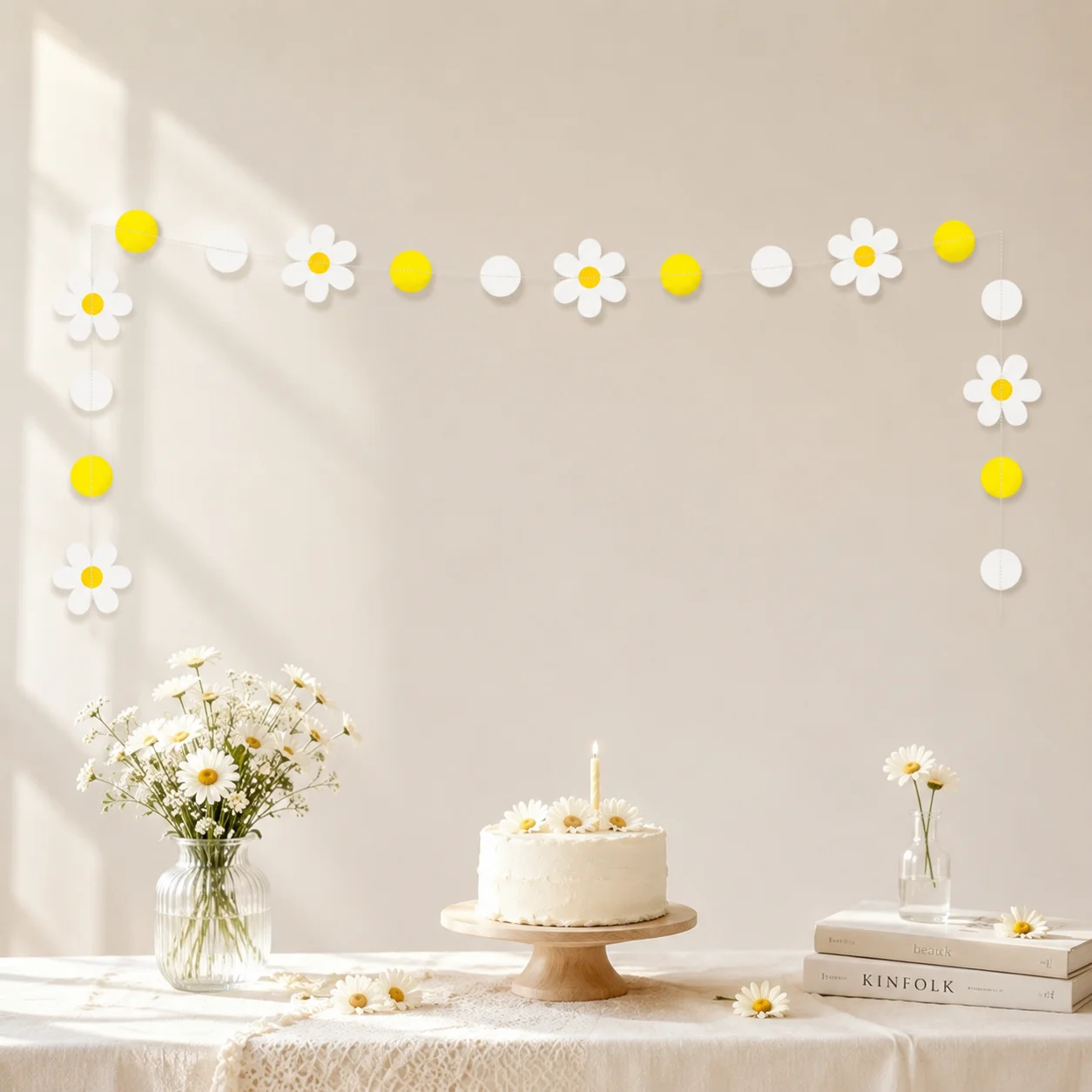 Gänseblümchen-Papiergirlande, weiß-gelbes Blumenbanner für Geburtstagsfeier, Hochzeit, Heimdekoration zum Aufhängen