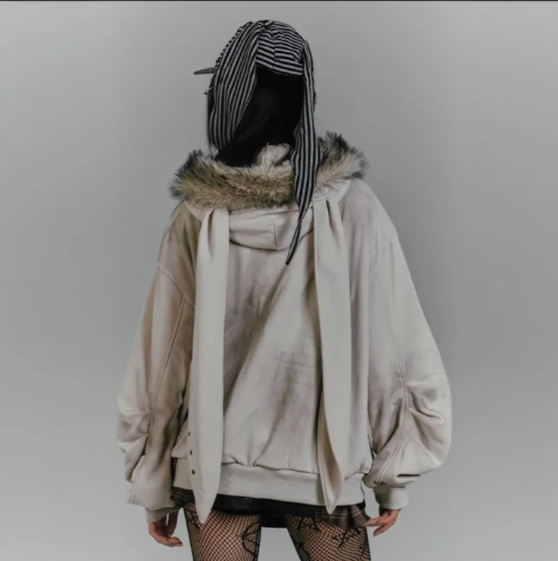 เสื้อแจ็คเก็ตมีฮู้ดลายกระต่ายสไตล์อเมริกันย้อนยุค สีเทา ลายพิมพ์ Abi Y2K เสื้อผู้หญิงสำหรับฤดูใบไม้ร่วงและฤดูหนาว เสื้อผ้าผู้หญิงสไตล์ฮาราจูกุ