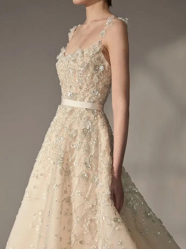 Elegante varredura trem de cristal beading formal vestido de baile luxo a linha cinta espaguete alta costura vestido de noite personalizado