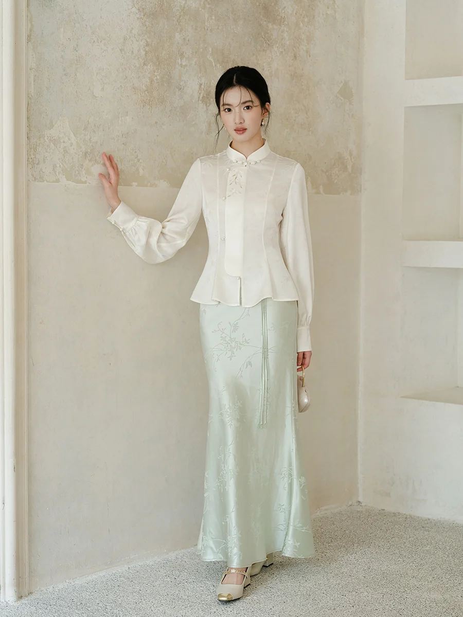 

Ацетатный вышитый приталенный воротник-стойка Long Sve Белый женский модный китайский топ с завышенной талией