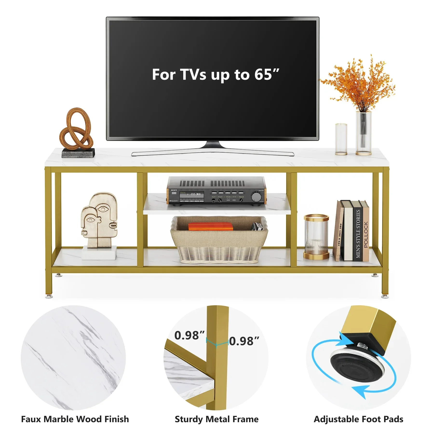 Tribesigns TV Stand, 59 Inches Gold 3-Tier TV Console for TVs Up to 65" with Faux Marble Veneer, Sofa Console Entryway Table