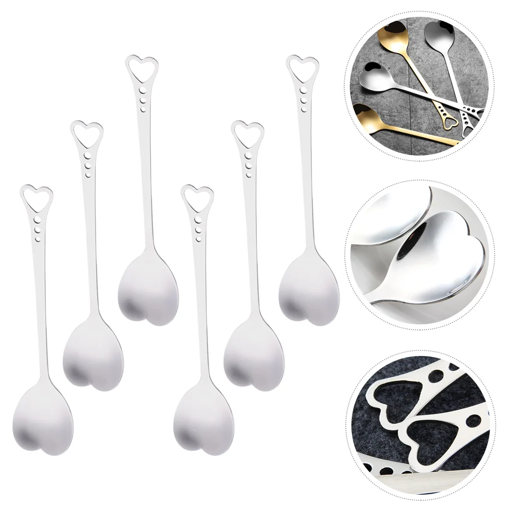 

6 Pcs Mini Whisk Stainless Steel Heart Shaped Spoon Coffee Stirring Spoons Dessert Long Handle Cake Silver