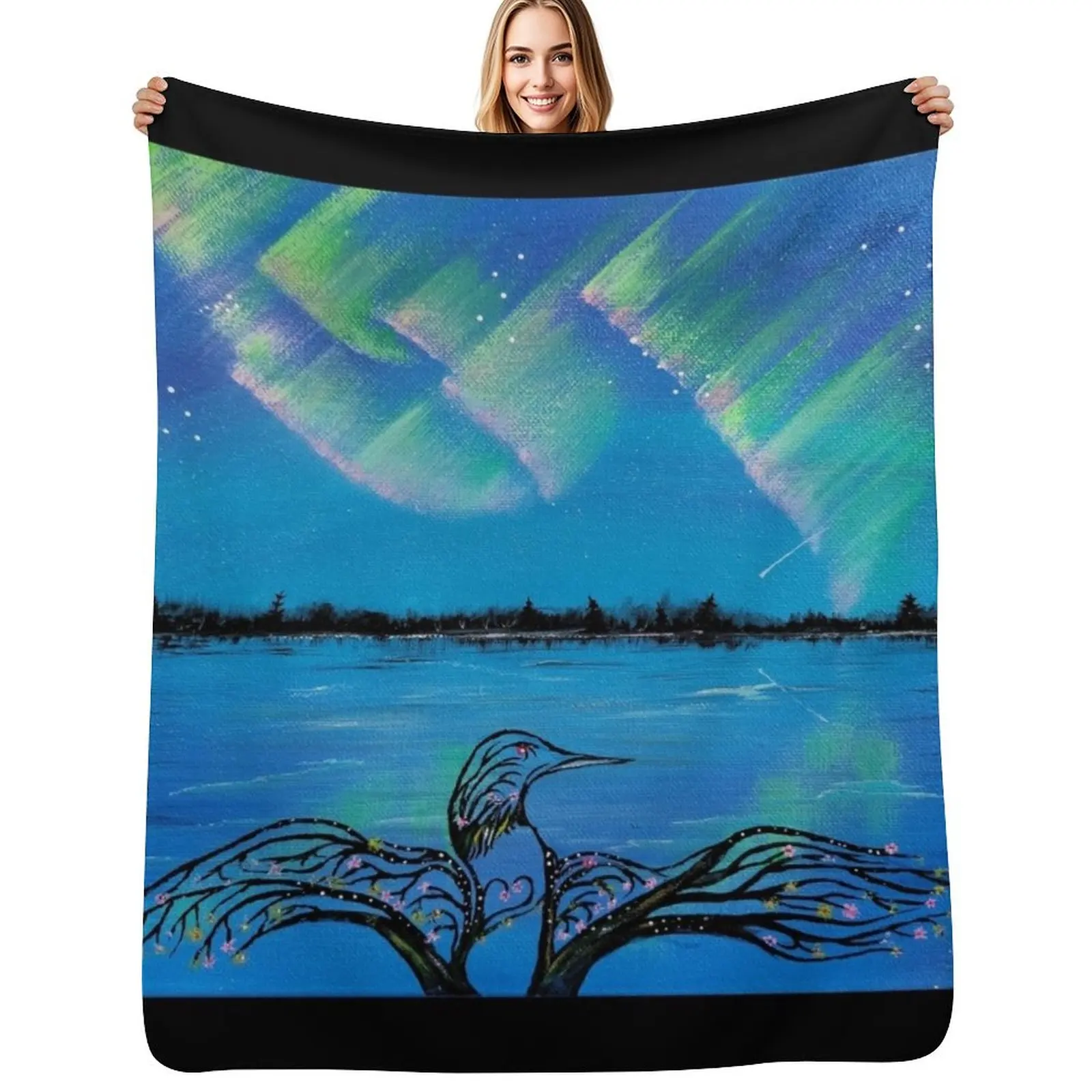 

Harmony Trees: Loon Branching into the Aurora Throw Blanket blankets and throws Comforter Hairys Kid'S Blankets