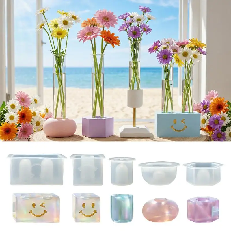 Flower Test Tube Holder Silicone Molds DIY Handmade Vase Tray Epoxy Resin Mould Candlestick Holder Plaster Cement Mold