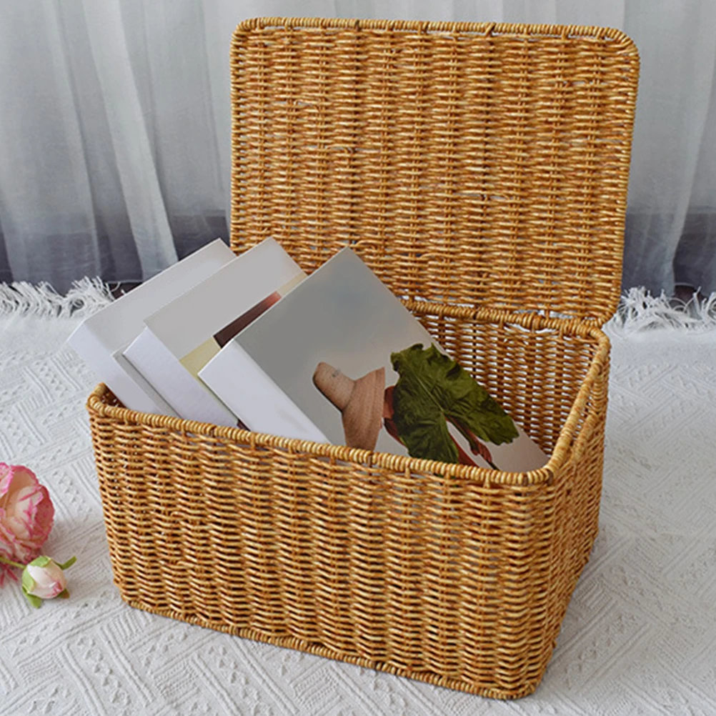 

Woven Storage Basket Large Capacity with Lid Closet Organizer Sundries Storage Box for Bedroom Living Room Home