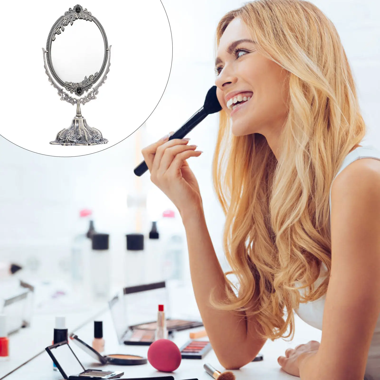 Retro Tabletop Makeup Mirror Metal Swivel Compact Mirror Stand Clear Hd Surface for Home and Professional Use