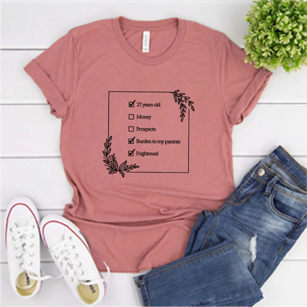 27-Year-Old Checklist T-Shirt Pride and Prejudice Shirt No Money No Prospects Shirts Burden To Parents Tee Jane Austen Gift