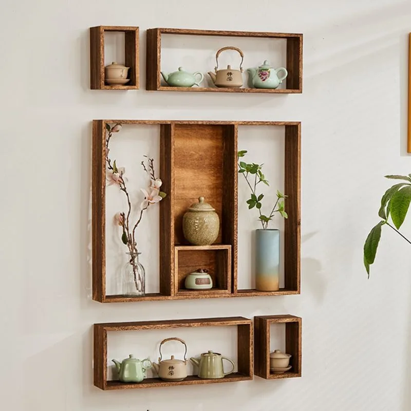 New Chinese Vintage Solid Wood Wall Mounted Multi Grid Display Storage Rack Tea Pot Organizer Room Decor Home Novelty New