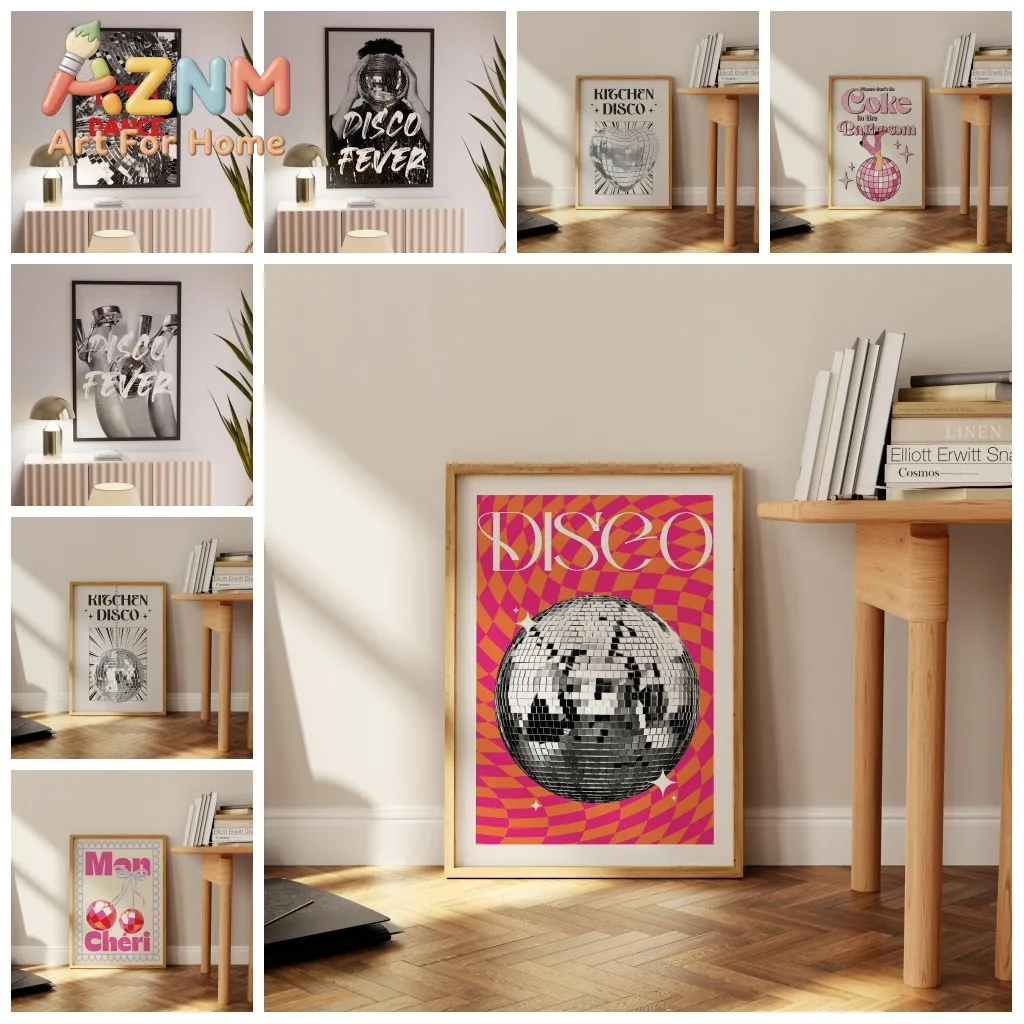 Shiny Disco Ball Print Retro Wall Art Black White Pink Bulb Canvas Painting Murals for Dorm Room Living Decor