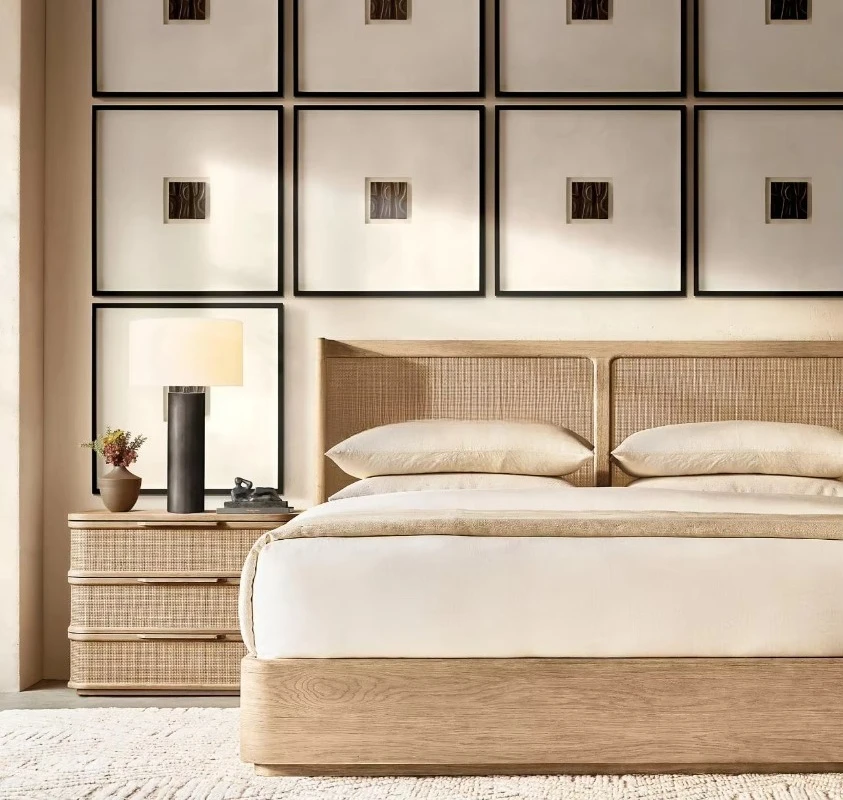 2025 cabeceira de plataforma king de madeira maciça francesa com armazenamento e placa de vime tecida