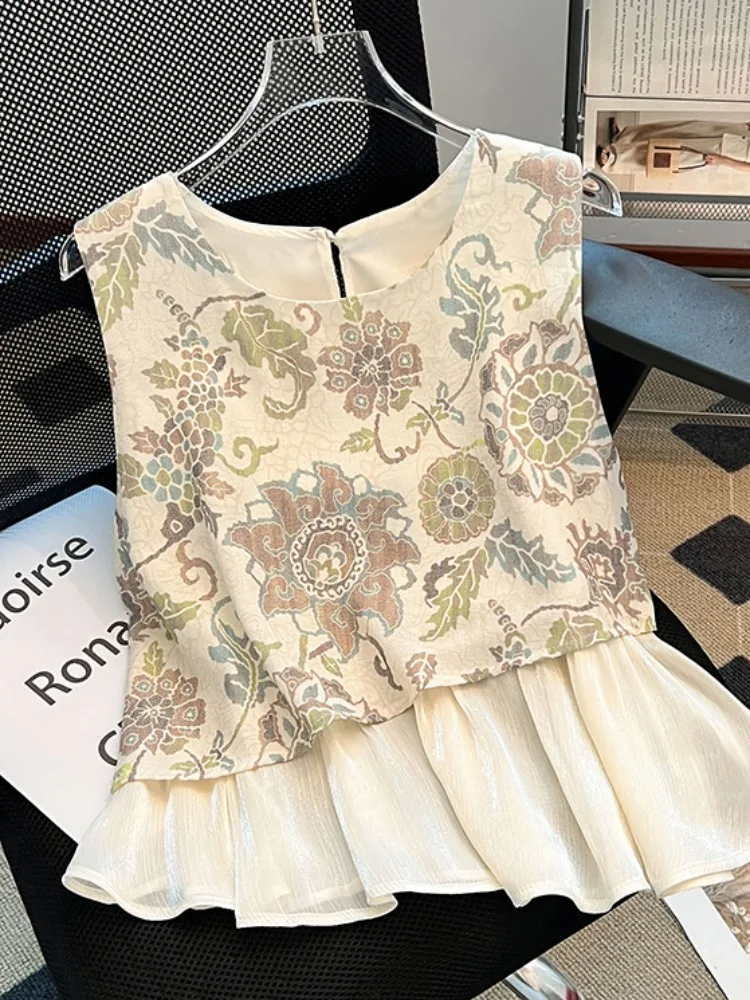 

Summer Women's Loose Top Self-Kept Print Crop Top And irt Patchwork Svel Vest Korean Sle Straight Cut Cotton Blend