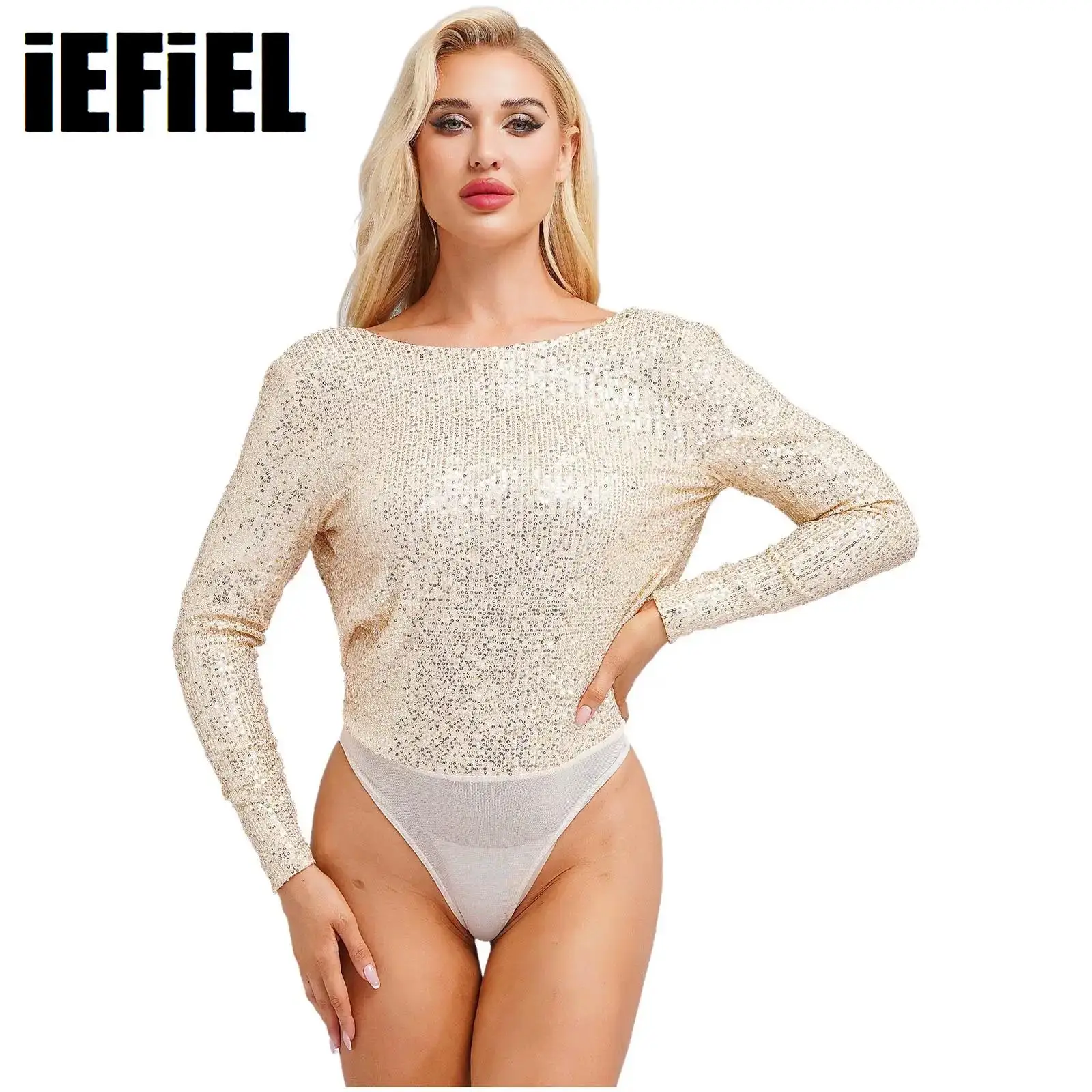

Woman Lady Party Jumpsuit Long Sleeve Round Neck Sparkle Sequin Crotch Press Button Draped Cowl Back Bodysuit Leotard for Dating