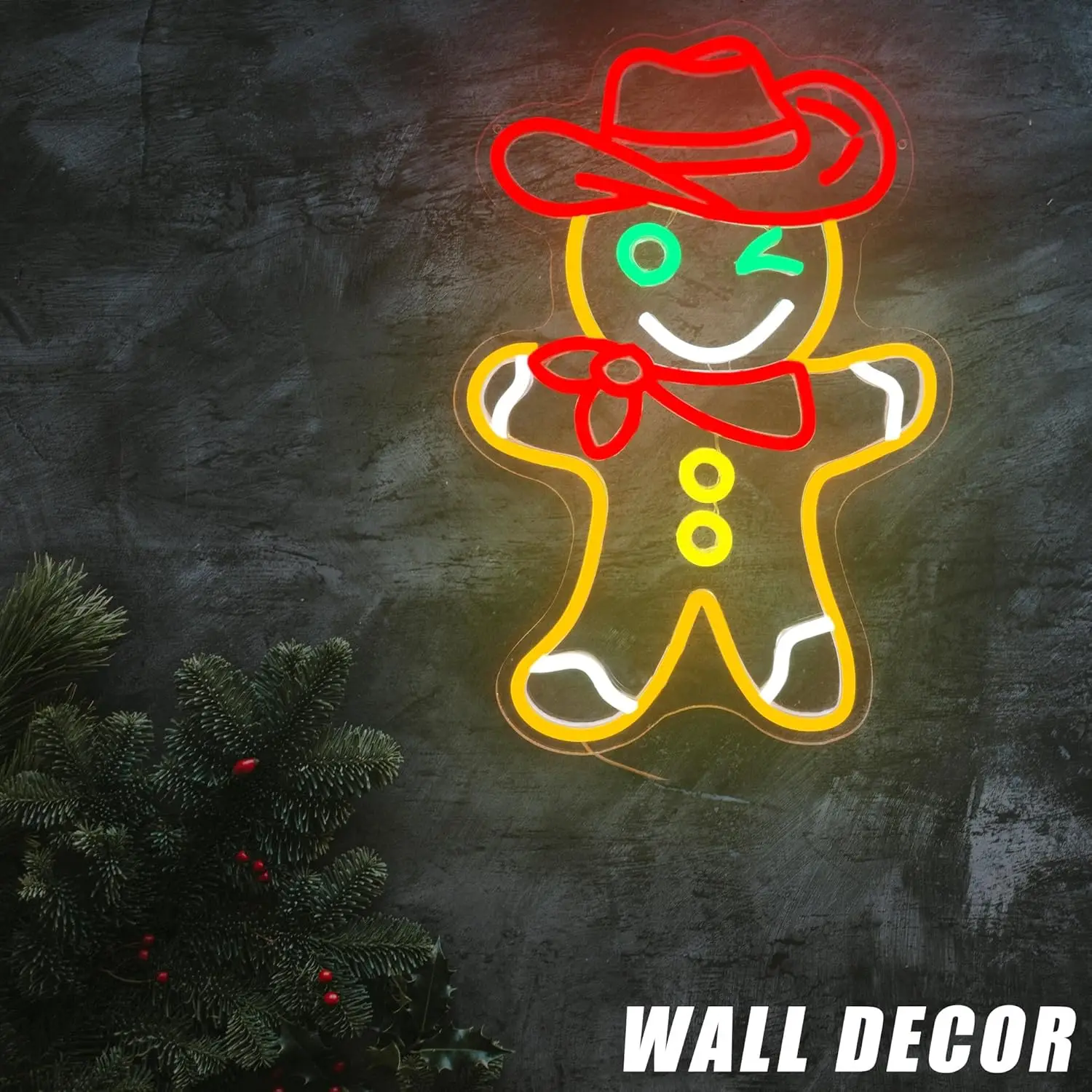 ป้ายไฟนีออนรูปคาวบอยขนมปังขิงสำหรับตกแต่งคริสต์มาส ไฟ LED ปรับความสว่างได้ผ่านพอร์ต USB สำหรับร้านอาหาร ร้านค้า งานปาร์ตี้ ตกแต่งธุรกิจ