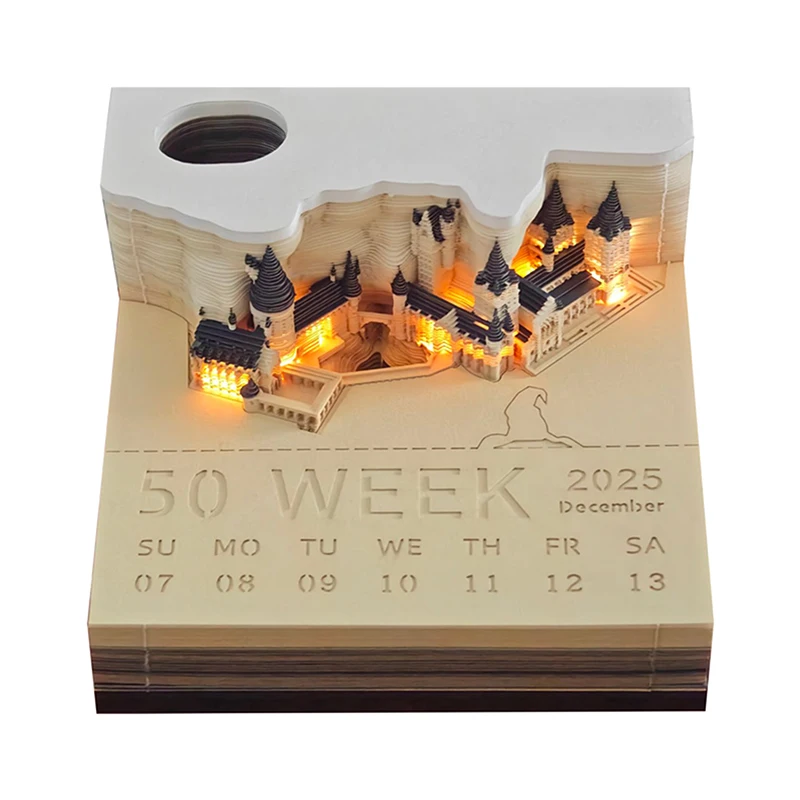 Castl Desk Calendar With LED Lights 2025 Calendar Memo Pad Creative Desk Calendar DIY Notes Notepad 3D Art Calendar Paper