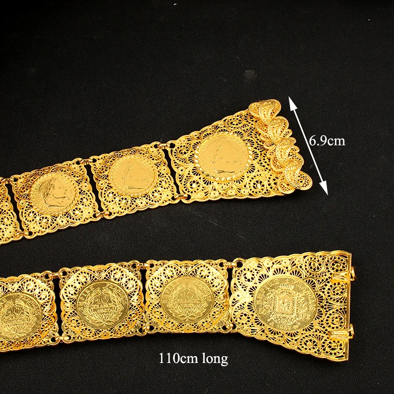 New Gold Plated Flower Waist Belts European Trendy Napoleon Figure Waist Chains for Women Luxury Coin Bridal Belts