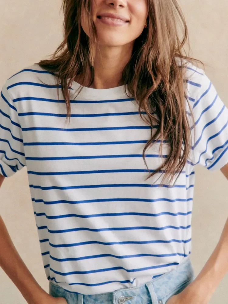 

Summer 2024 Women T-Shirt Blue Striped O-Neck Short Sleeve Casual Tee Tops