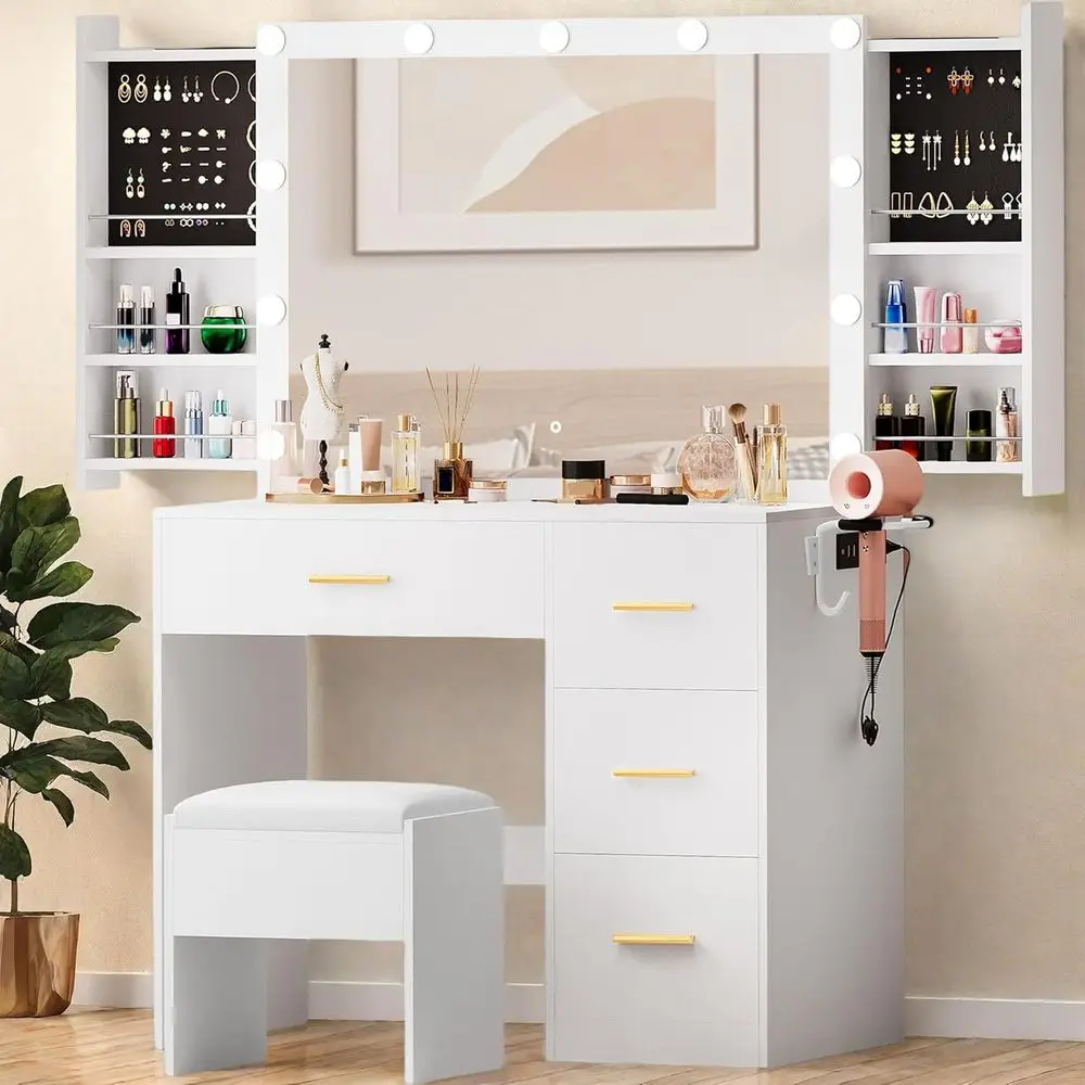 DAFIFY Lighted Mirror Vanity Table with Cushioned Stool, 4 Drawers, Hidden Jewelry Organizer, 3-Mode LED Lighting