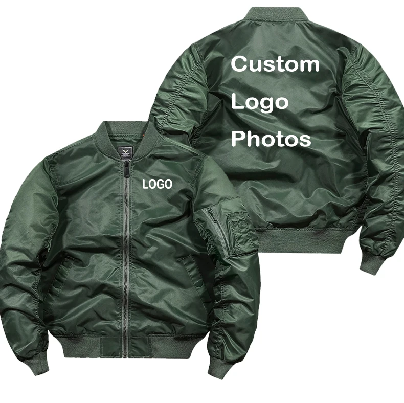 Custom Logo Design Bomber Jacket Men DIY Print Zipper Coat Windproof Thick Warm Jacket Unisex Military Jacket Flight Coat