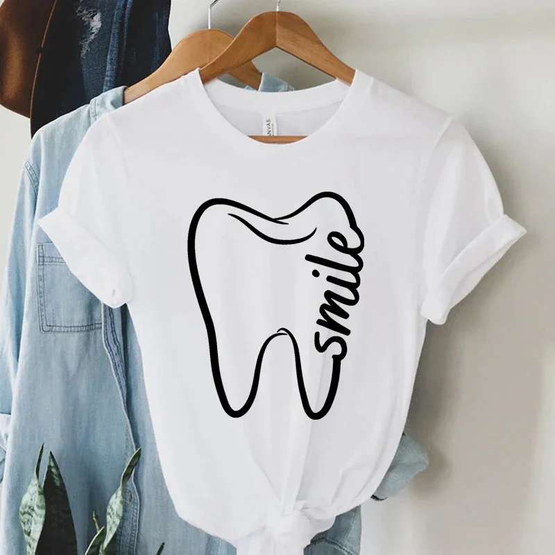 Women Harajuku Style Cartoon Teeth and Smile Print Short Sleeve Tee Casual Basic Trendy Women Personality Breathable Refresh Tee