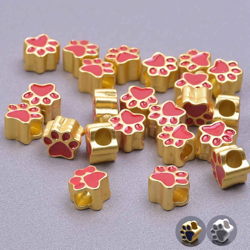 10Pcs Cute Cat Paw Print Enamel Charm Connectors Large Hole Beads Spacer For DIY Bracelets Jewelry Making Craft Alloy Accessory