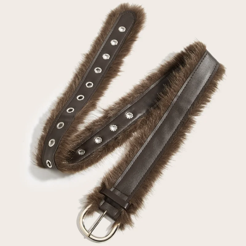 فاسق بو الفراء حزام Y2k خمر فو الفراء المرقعة أحزمة معدنية أفخم الخصر سلسلة فروي حزام الجينز زنار