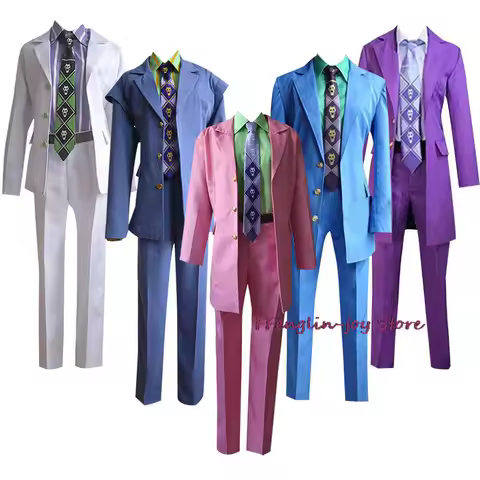 Anime Costume Kira Yoshikage Cosplay Purple Shirt Pants Suit Curly Yellow Wig Halloween Party Costumes Men Wigs косплей аниме