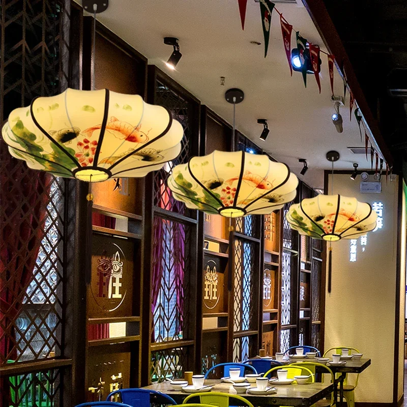New Chinese chandelier Chinese style living room hotel teahouse antique hanging lamps hot pot shop hand-painted fabric lantern d