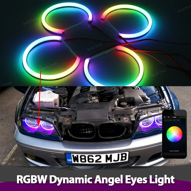 4x LED Light Rings RGBW multi-colored APP Remote Control Flowing  Ring Angel Eyes for BMW E46 1998-2002 Revolving Sequential