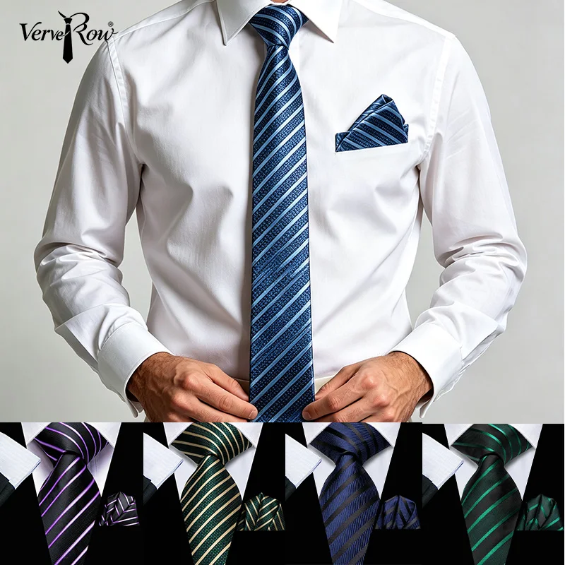 VerveRow Men Striped Tie and Pocket Square Set, Dark Light Blue Jacquard Necktie Handkerchief for Business Formal Wear