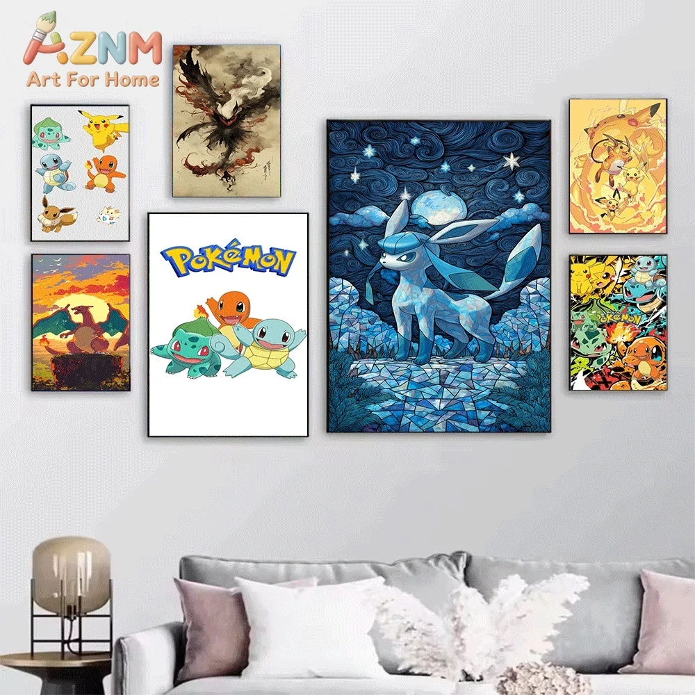Anime Pokemon Canvas Wall Art Blastoise Squirtle Pikachu Charizard Print Poster Unframed Canvas Painting Home Living Room Bedr