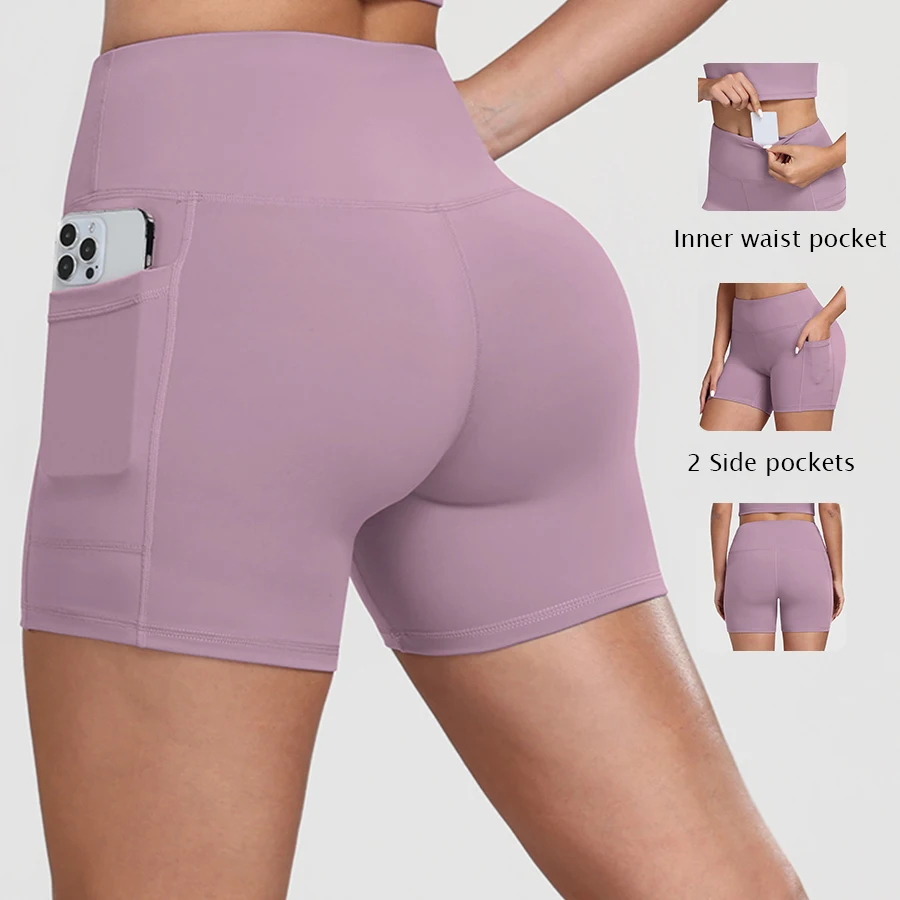 Women Yoga Shorts with Pockets Inner Waist Pocket Tummy Control Butt Lifting Workout Tights Gym Elastic Biker Shorts Activewear
