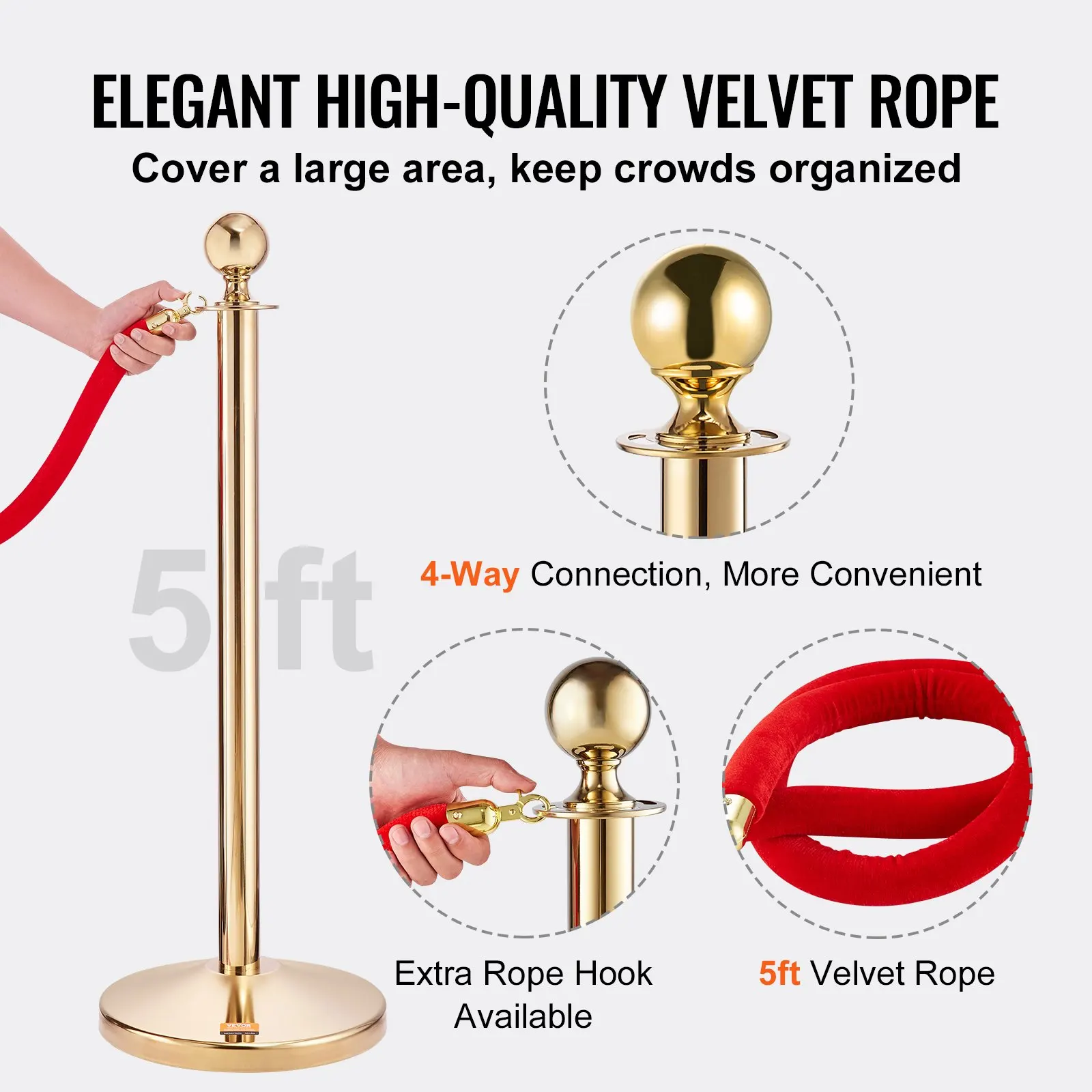 Vevor-Stainless Steel Stanchion com Ball Top, Gold Crowd Control Barreira, Veludo elegante Cordas e Postes, 5 pés, 1,5 m, 4 pcs