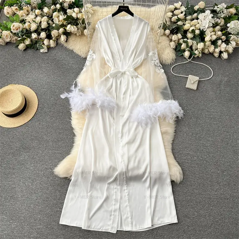 White Sheer Mesh Sleeve Robe Big Sleeves Feather Kimono Women Bride Wedding Dressing Gown Sleepwear 2025 New Nightgown Lingerie