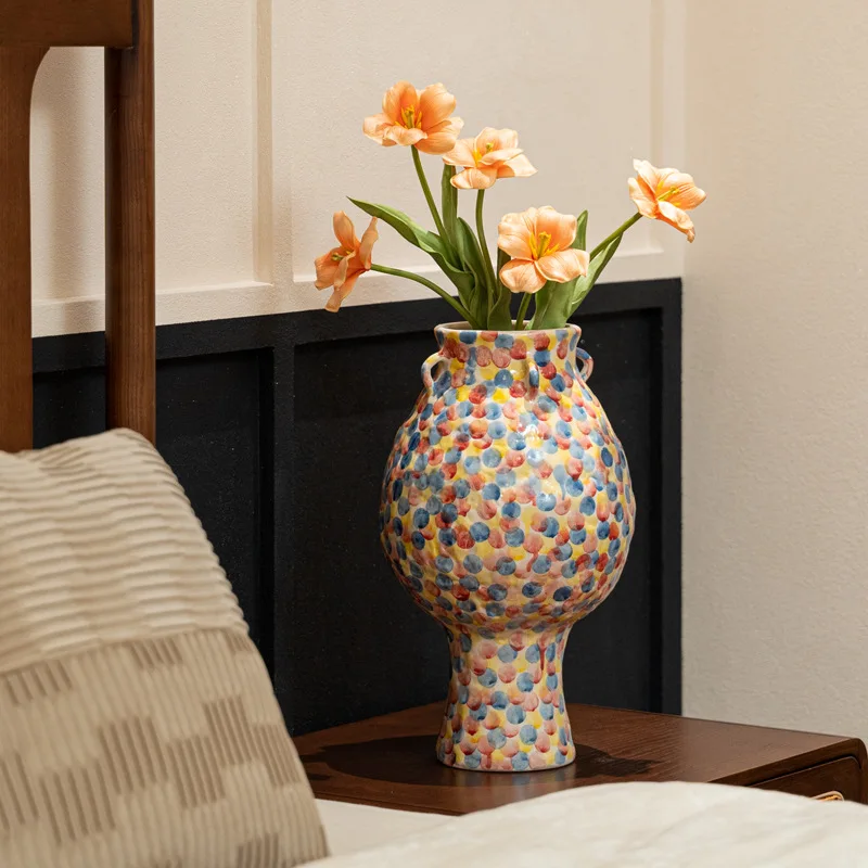 High-end multicolored hand-painted ceramic vase niche art decoration flower ware living room entrance ornament