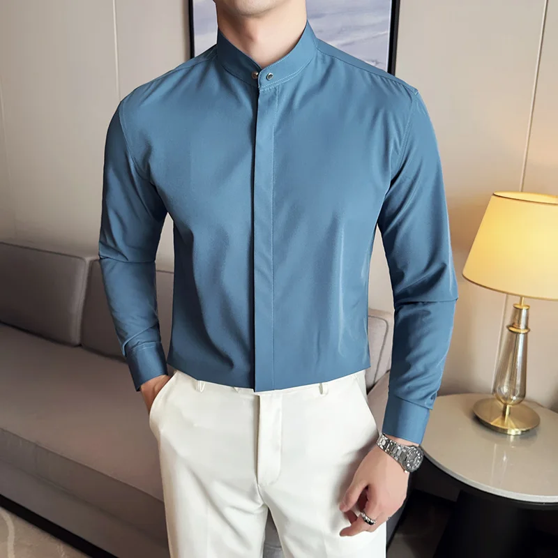 Solid color stand-up collar slim-fit men's business casual long-sleeve shirt, daily commuting men's white formal dress shirt.