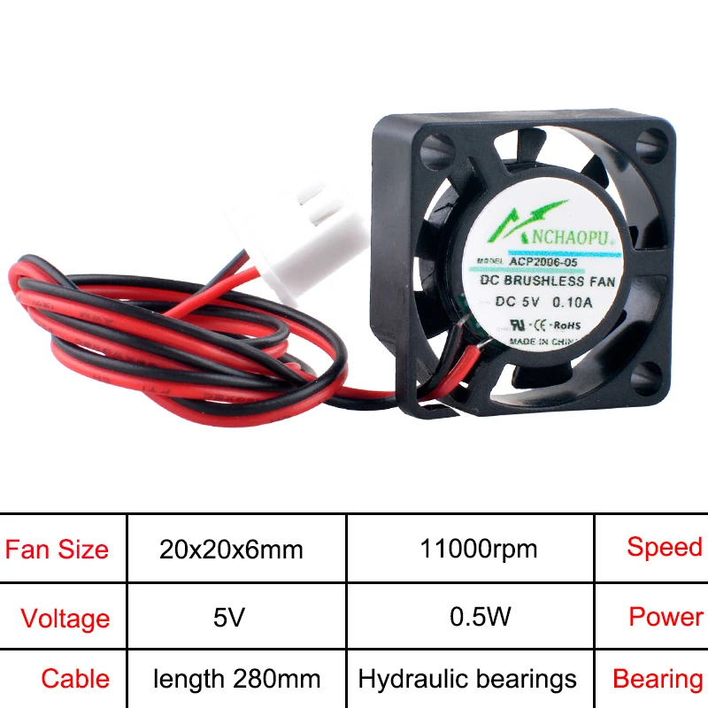 ACP2006 2cm 20mm Fan 20x20x6mm DC5V 12V 24V 0.10A 2pin Micro Ultra-thin Cooling Fan for Printer Power Supply Raspberry Pi image 4