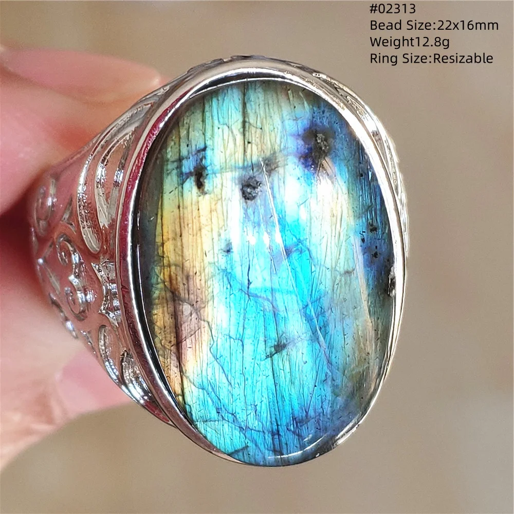 Natural Colorful Labradorite Adjustable Ring Gemstone Jewelry Flash Big Blue Purple Labradorite Resizable Ring Beads AAAAAA