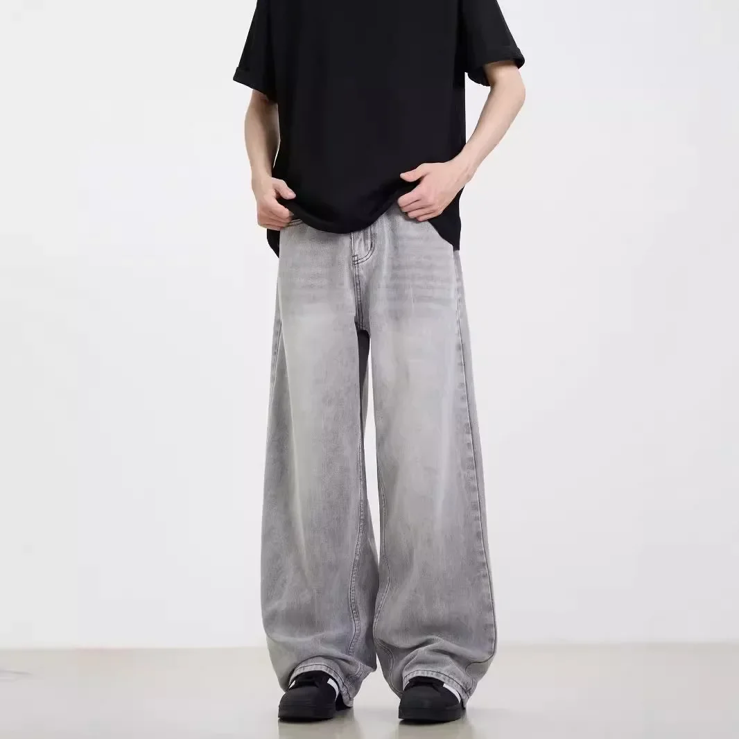 American Vintage New Fashion Men's Loose Casual Trendy Straight Wide Leg Grey Loose Solid Color Denim Trousers Male Jeans Pants