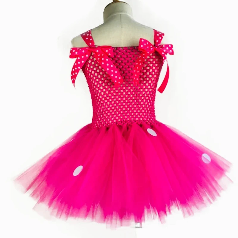 Bonito meninas rosa mickey tutu vestido bebê crochê tule vestido com pontos brancos e arco de cabelo crianças festa aniversário dos desenhos animados cosplay vestido