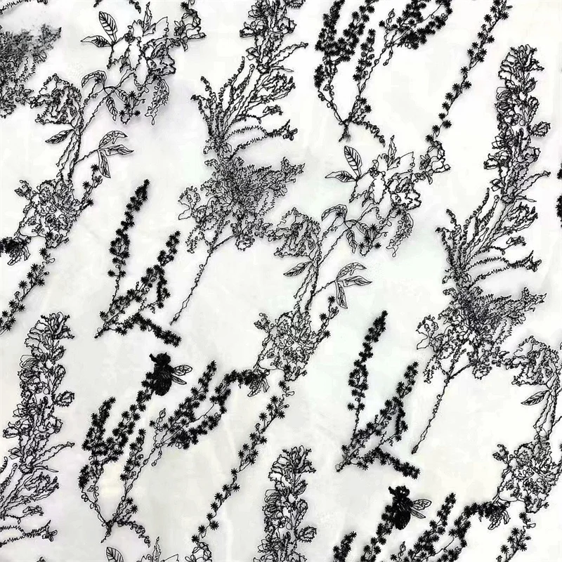 1 Yard Black Leaves Branch Embroidery Bumblebee Lace Fabric Leaf Applique lace For Vocation Dress Garden Party Garden dress