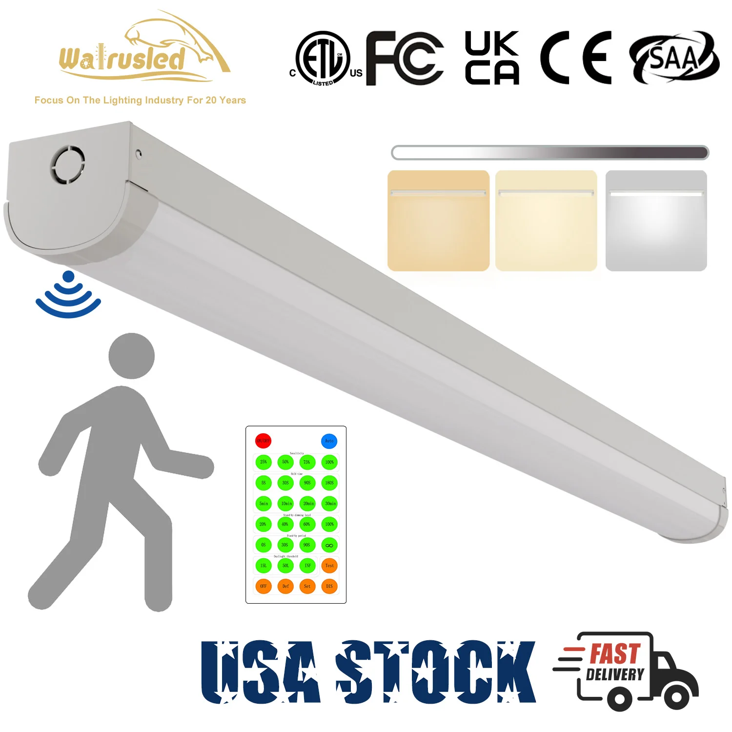 

4FT Tri-Level Motion Sensor LED Linear Strip Light w/Remote 40W 5000lm 3000K/4000K/5000K, Dimmable 4 Foot Shop Ceiling Light FCC