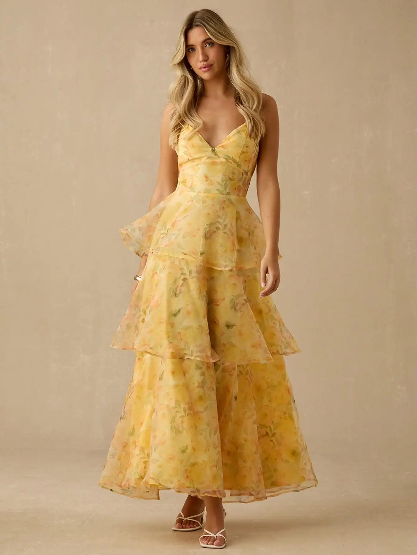 

Sunshine Yellow Floral Organza Maxi Dress with Ruffled Hem and Spaghetti Straps